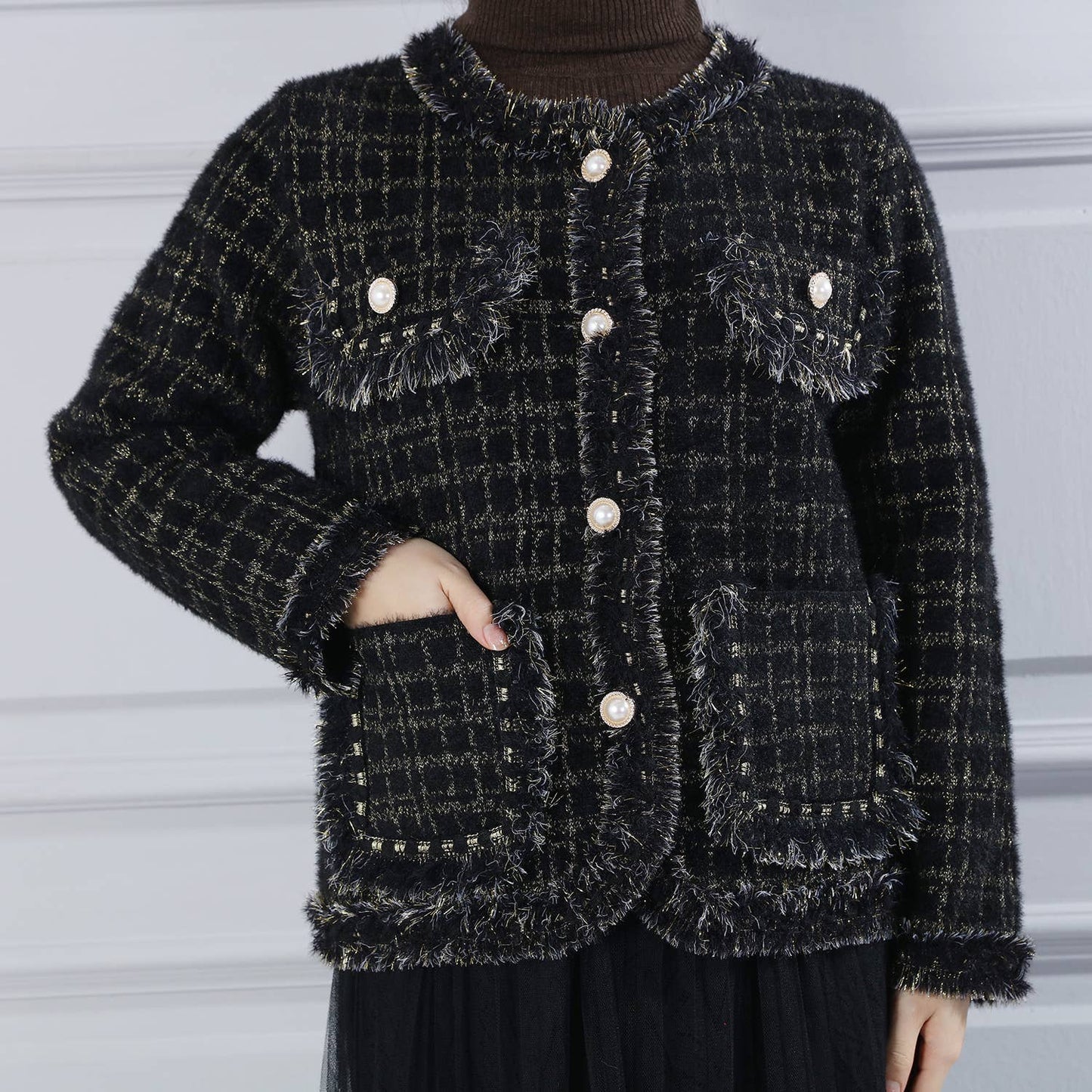 PEACH ACCESSORIES -  Fringed Hem and Cuffs Cardigan with Pearly Buttons SD187: Pink