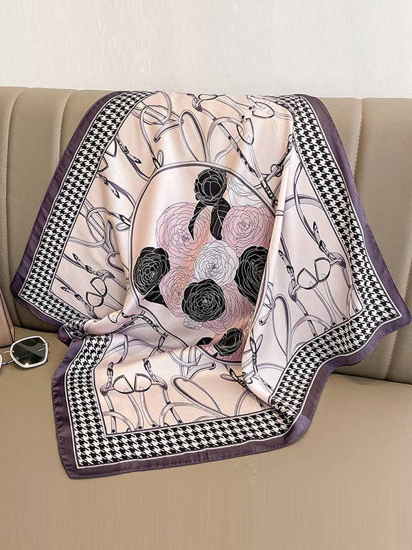 UZ Wholesale Store - Flower Print Houndstooth Scarf: PURPLE / One_size