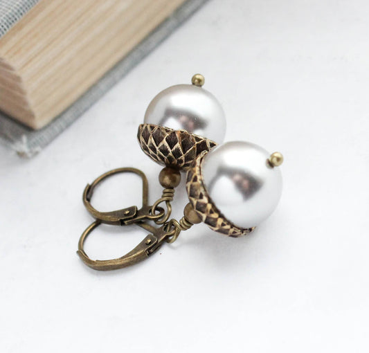 A Pocket of Posies - Light Silver Grey Pearl Acorn Earrings  - ANTIQUED BRASS