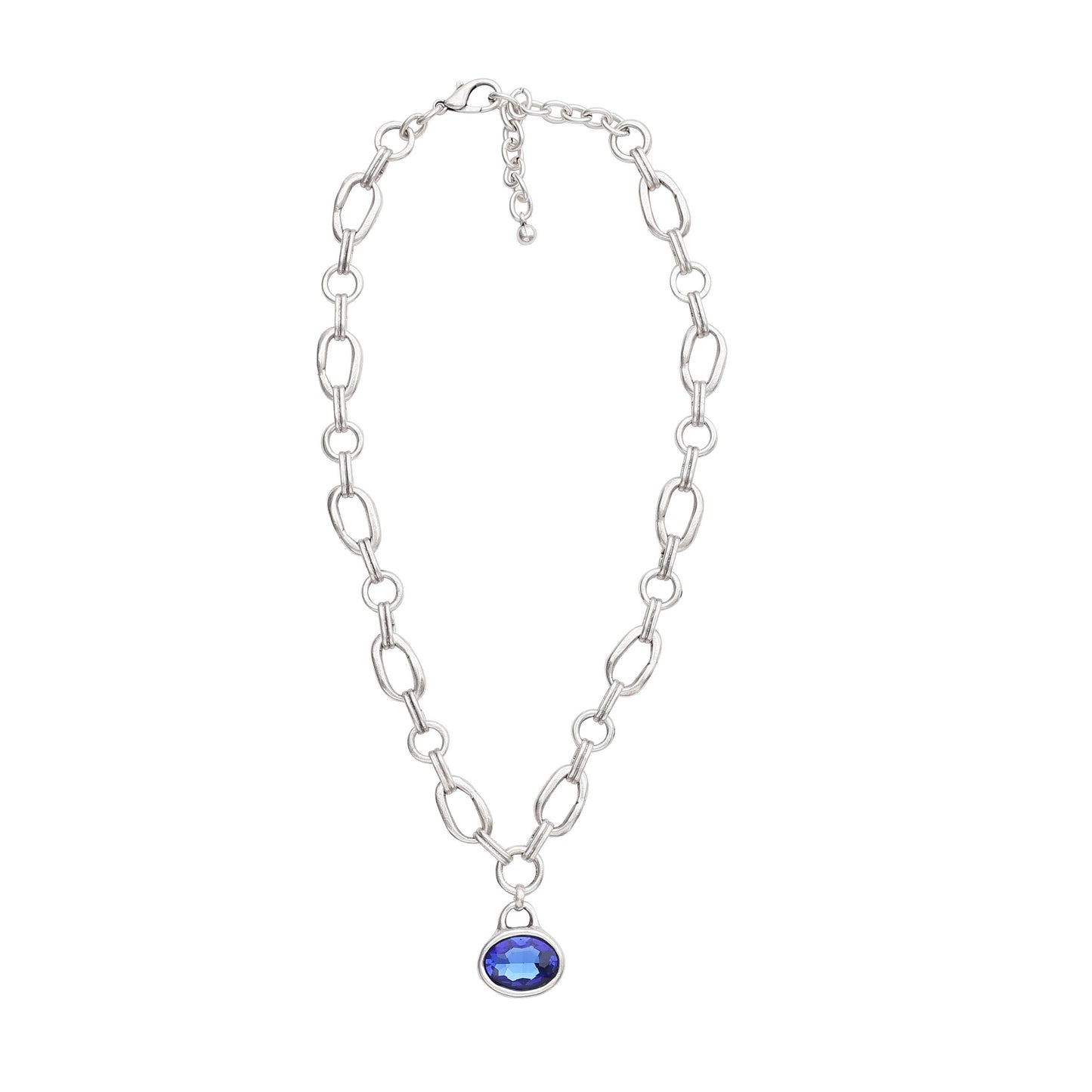 Chanour - Handmade Blue Oval Crystal Pewter Necklace - 3933