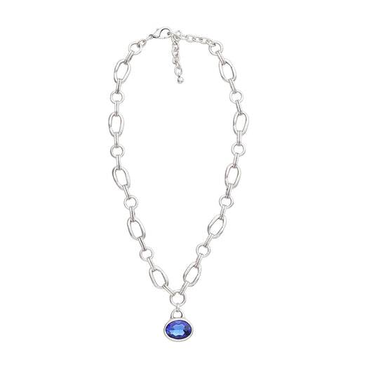 Chanour - Handmade Blue Oval Crystal Pewter Necklace - 3933