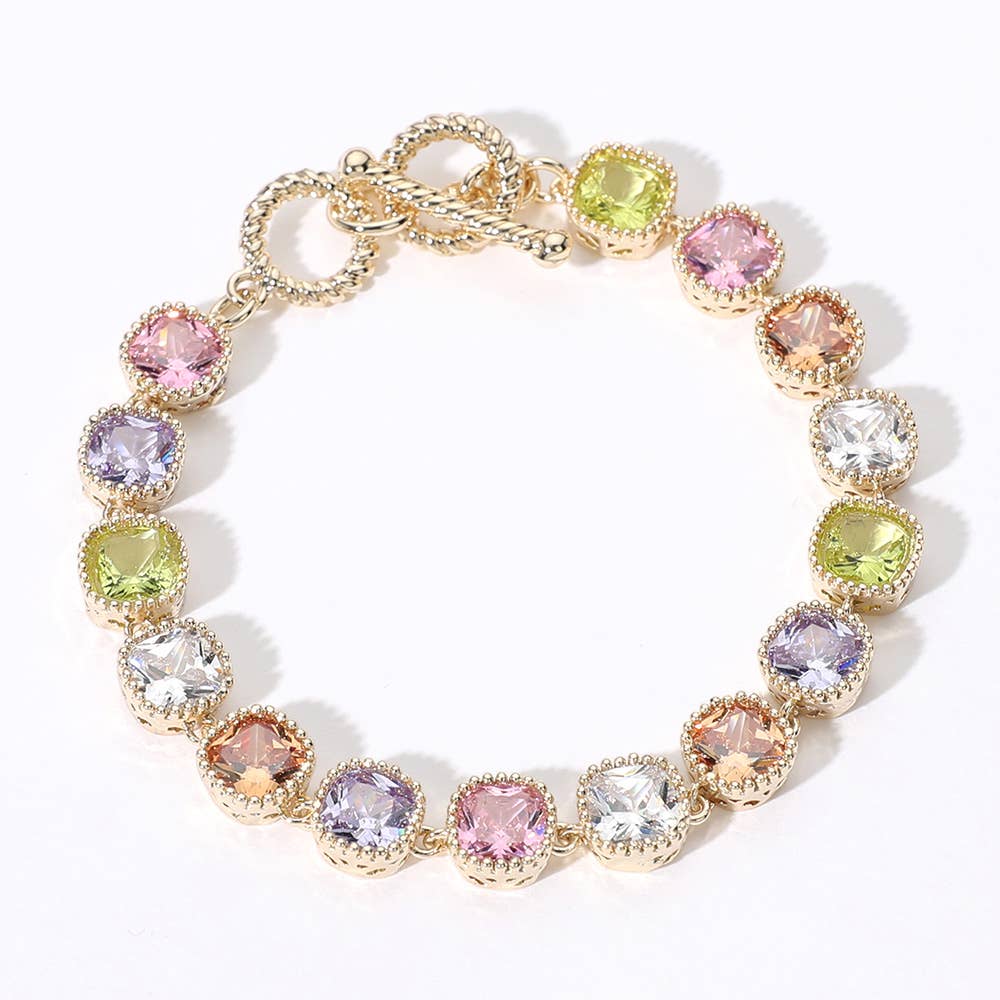 Sensibling Corp. - 14K Gold Plated Square CZ Stone Link Evening Toggle Bracelet: SILVER CLEAR