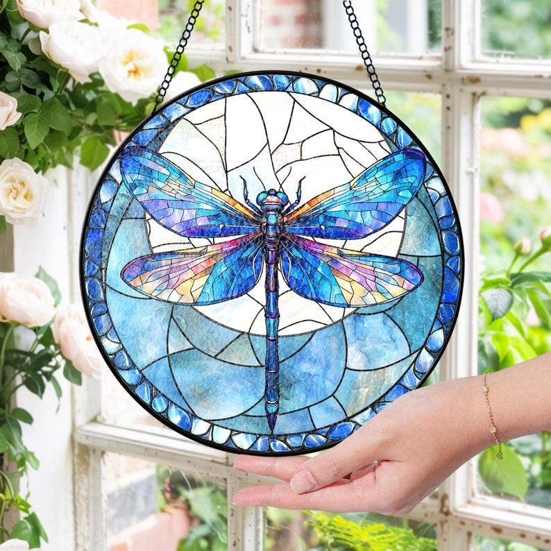 NVC Ecommerce LLC - Dragonfly Stained Glass Suncatcher, Garden Window Hanging: 11.8in