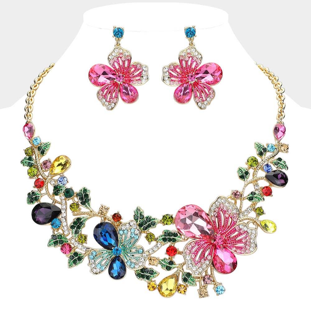 Sensibling Corp. - Flower Glass Stone Embellished Evening Necklace: Multi-Colored