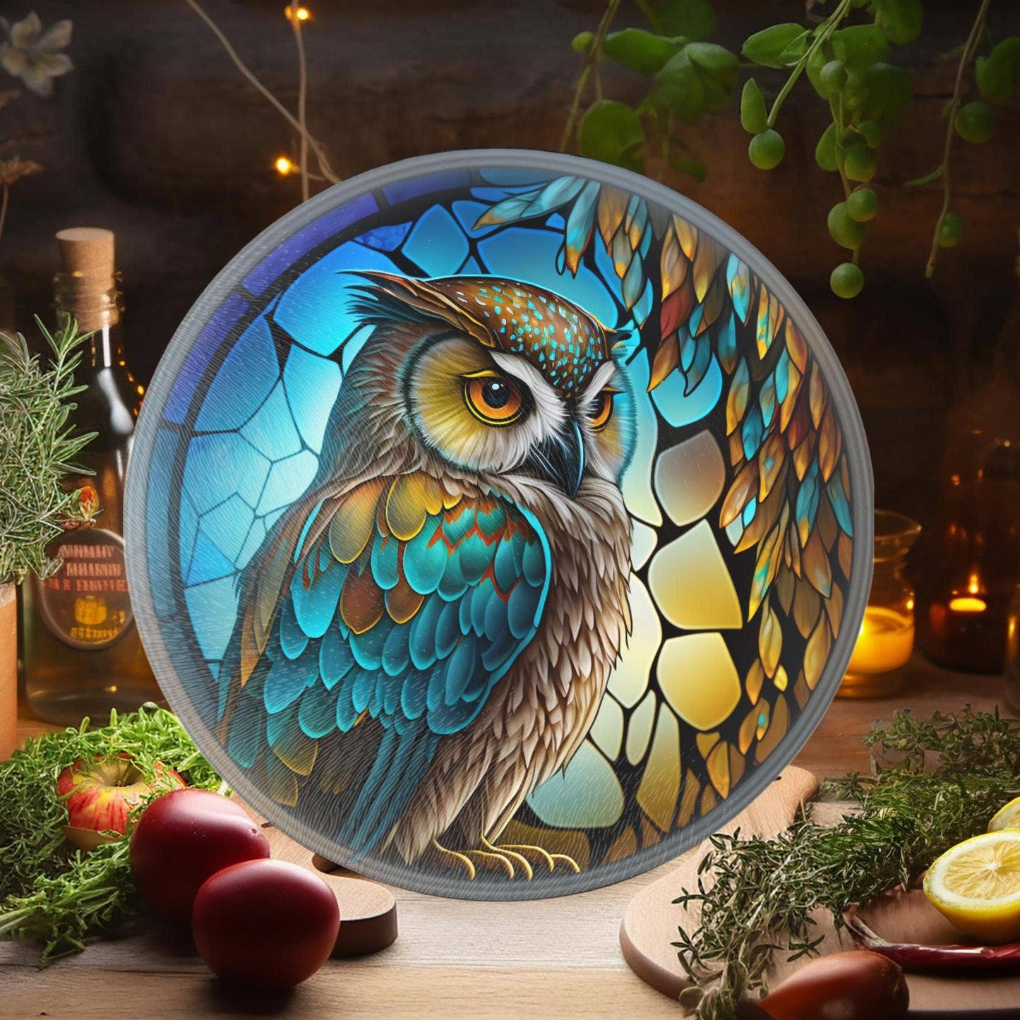 Fernville Creations - Owl Tempered Glass Cutting & Serving Board, Wedding Gift: 12 Inch