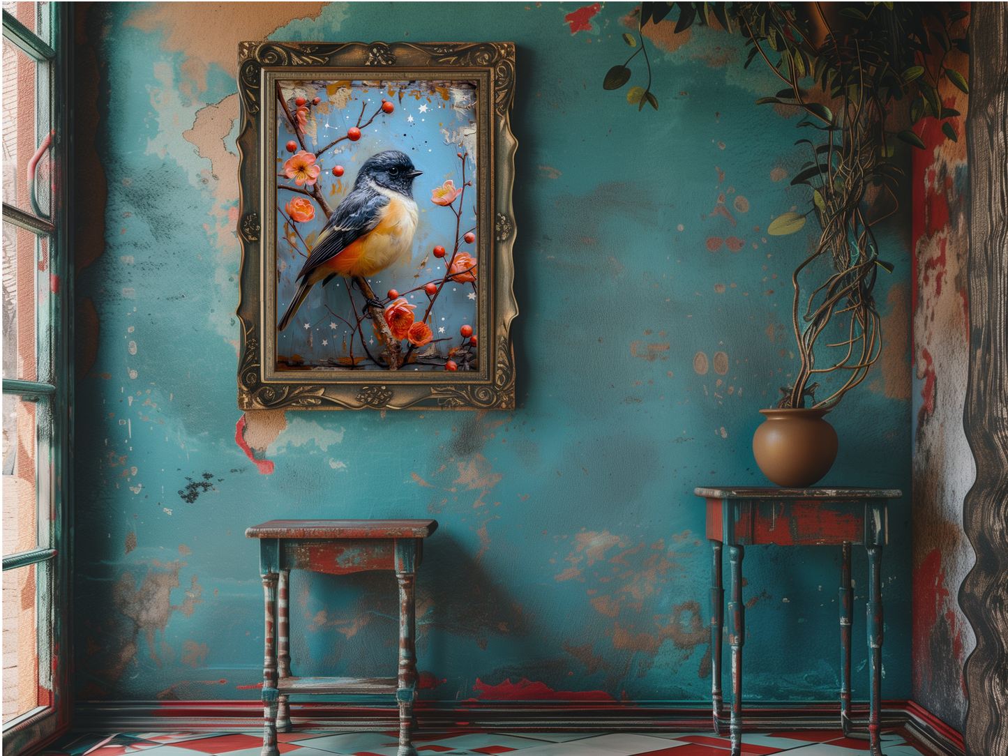 Salty Alyce -   Bird in Spring Flower Antique Painting Wall Decor 101AS