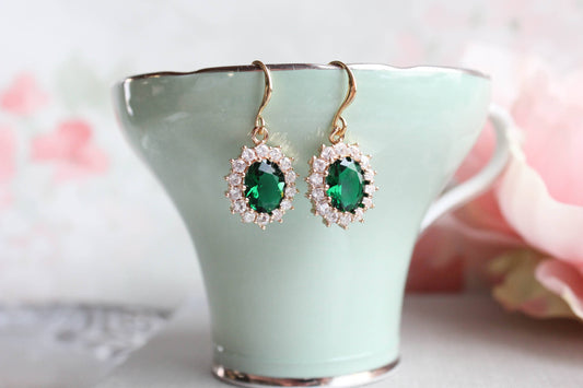 A Pocket of Posies - Emerald Green Oval Glass Earrings: Gold