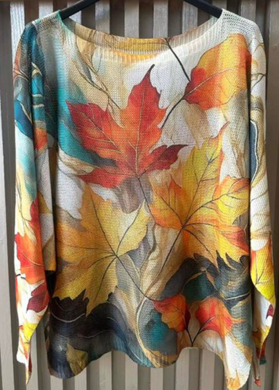 LOOWIE -  VIFAL Cream Fall Leaves Round Neck Knit Printed Sweater