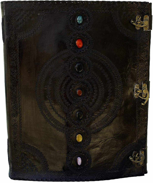 Tuzech Leather - Seven Chakra Leather Journal – Handmade Embossed Diary 13": Black / Unlined
