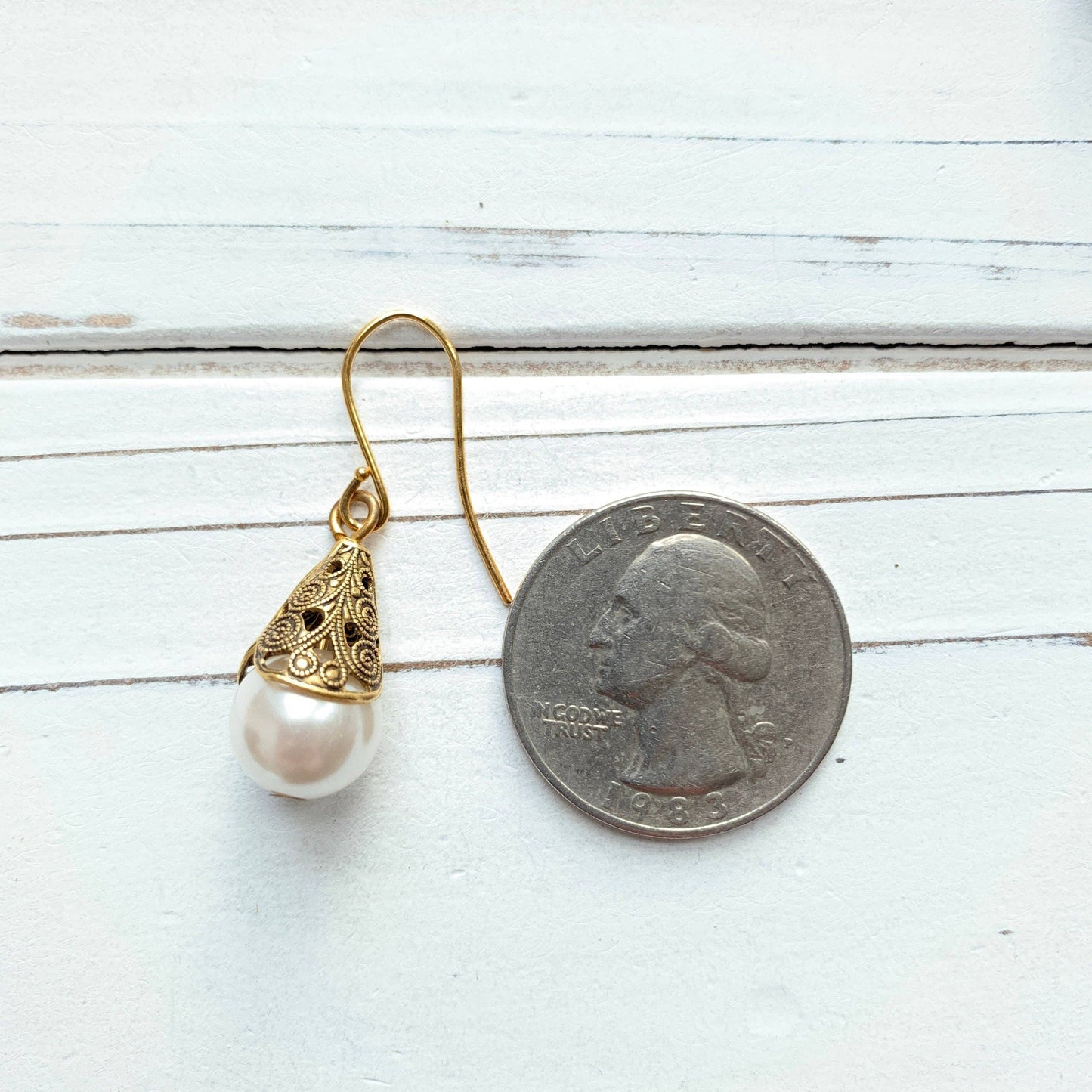 Lenora Dame - Filigree Bead Cap Pearl Earrings - 2 Pearl Color Options: White Pearl