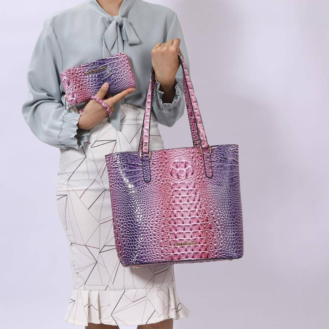 MKF Collection - MKF Piper Gradient Rainbow Embossed Tote Bag & Wallet: Blue