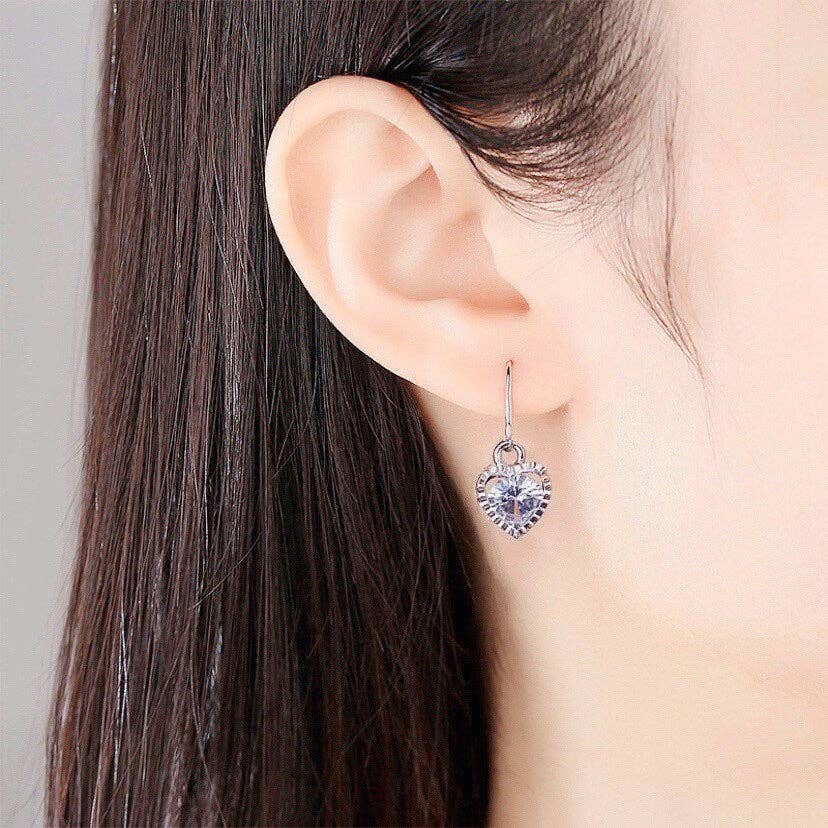 Haengseongworkshop - Silver Dangle Ear Wire Love Heart Mini Alloy Cubic Zirconia Charms Platinum Tone Dangle Pendant 10mm