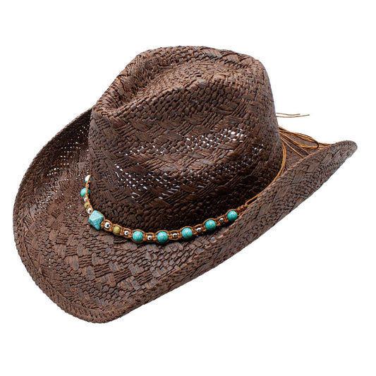 Peter Grimm - Tizoc Toyo Straw Blue Beaded Band Western Drifter Cowboy Hat