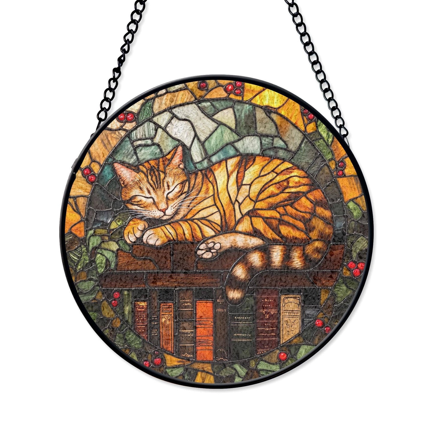 NVC Ecommerce LLC - Sleeping Cat On Books Stained Glass Suncatcher, Book Lover : 11.8in
