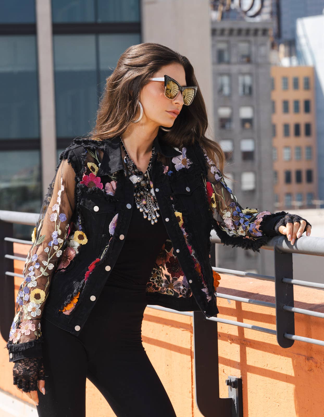 Adore - 2406B Black Denim Lace Jacket with Floral Embroidery: Black / L