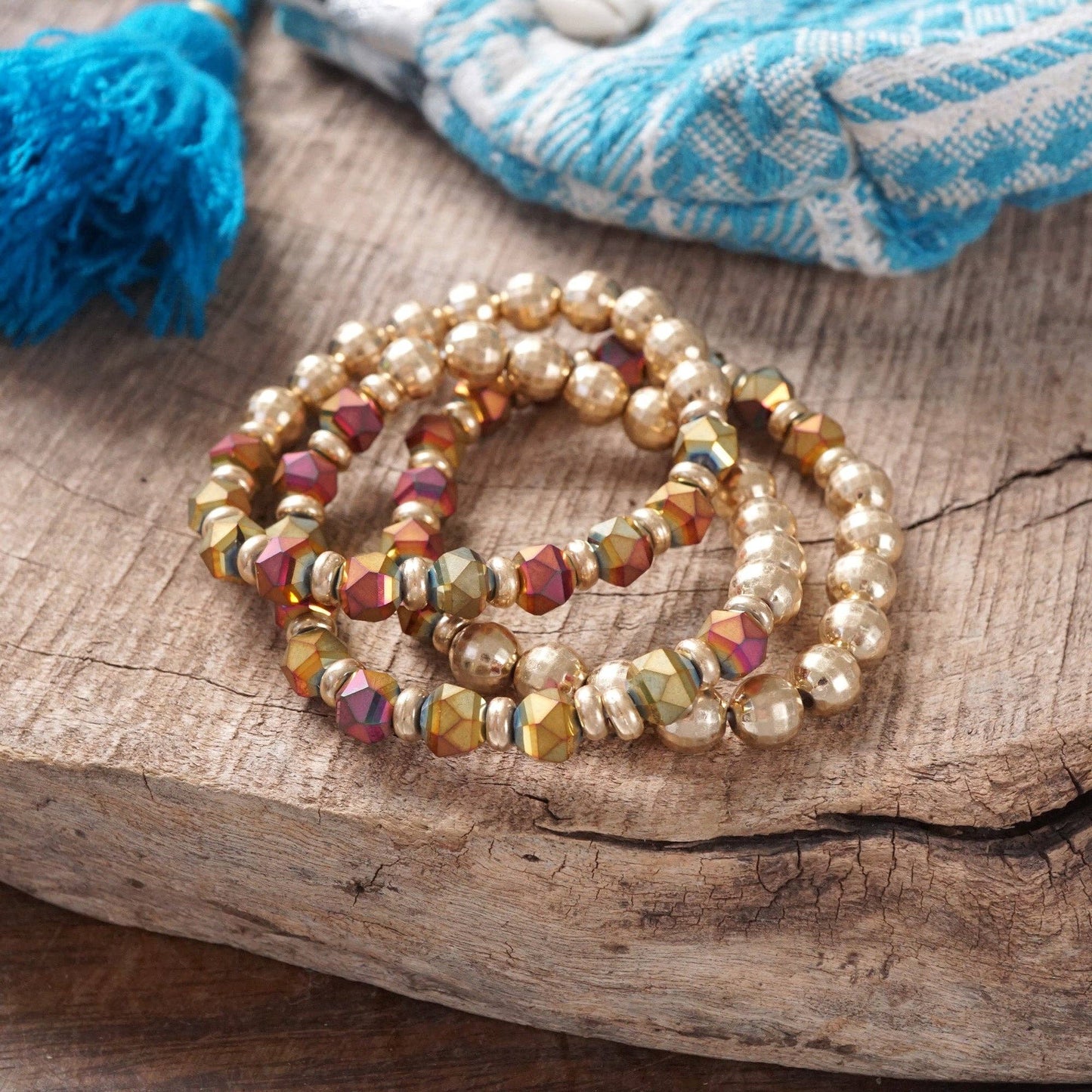 PennyLine inc - Festive Stretchy Beaded bracelet Sets - Gold, Black, Brown, Red: Natural Brown and Green