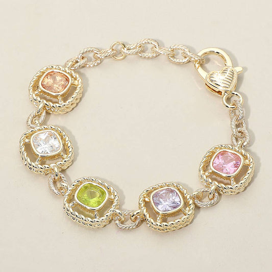 Sensibling Corp. - 14K Gold Plated Multi Color Square CZ Stone Cushion Link Bracelet