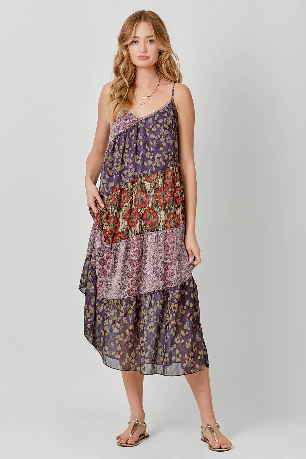 Mystree - 60071 Print Mixed Maxi Dress: Lavender Mix / Large