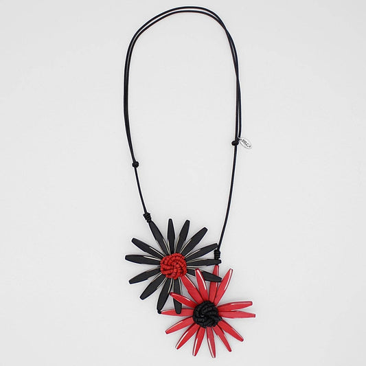 Sylca Designs - Black and Red Amaya Double Flower Pendant Statement Necklace