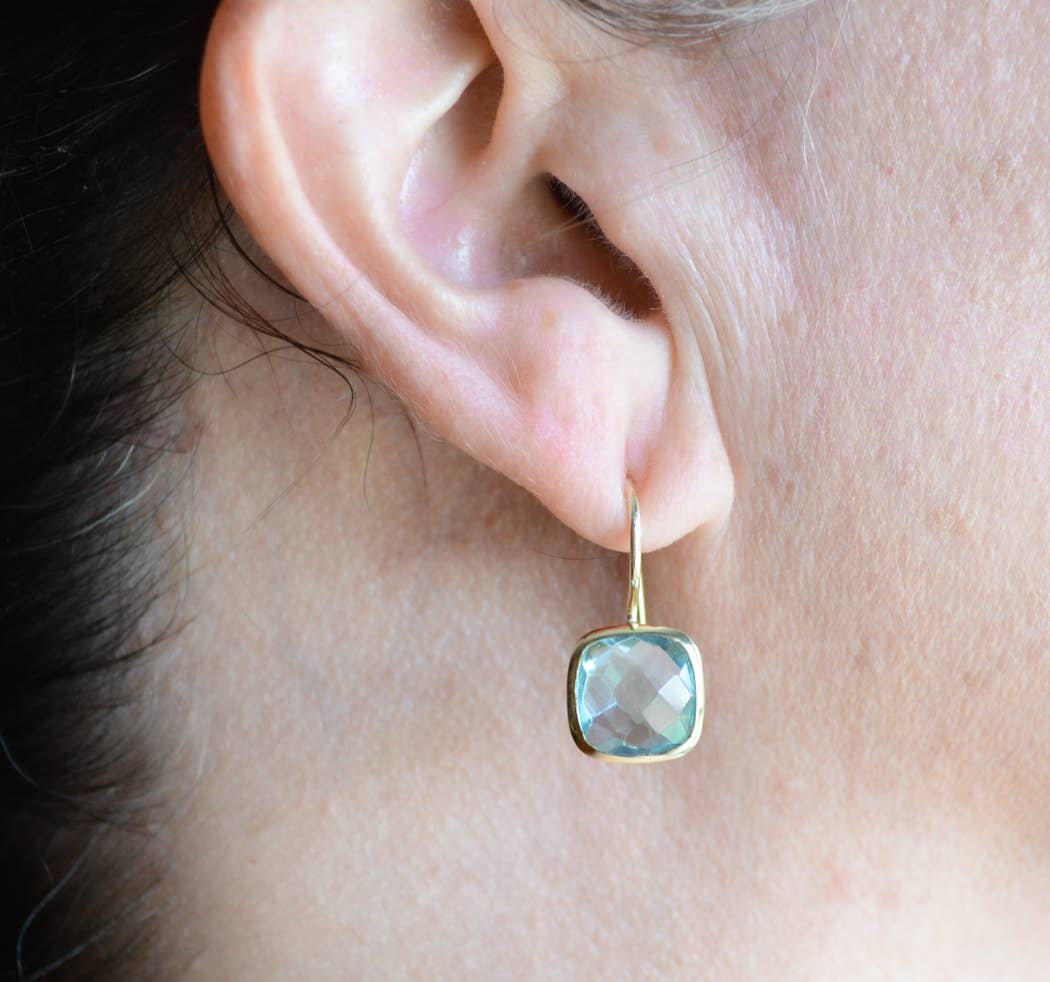 AJS Design Studio - Gold cushion cut Blue Topaz earrings