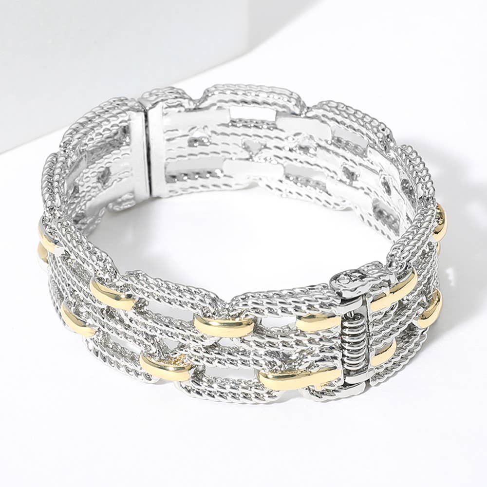 Sensibling Corp. - Two Tone Double Layered Textured Link Hinged Bangle Bracelet