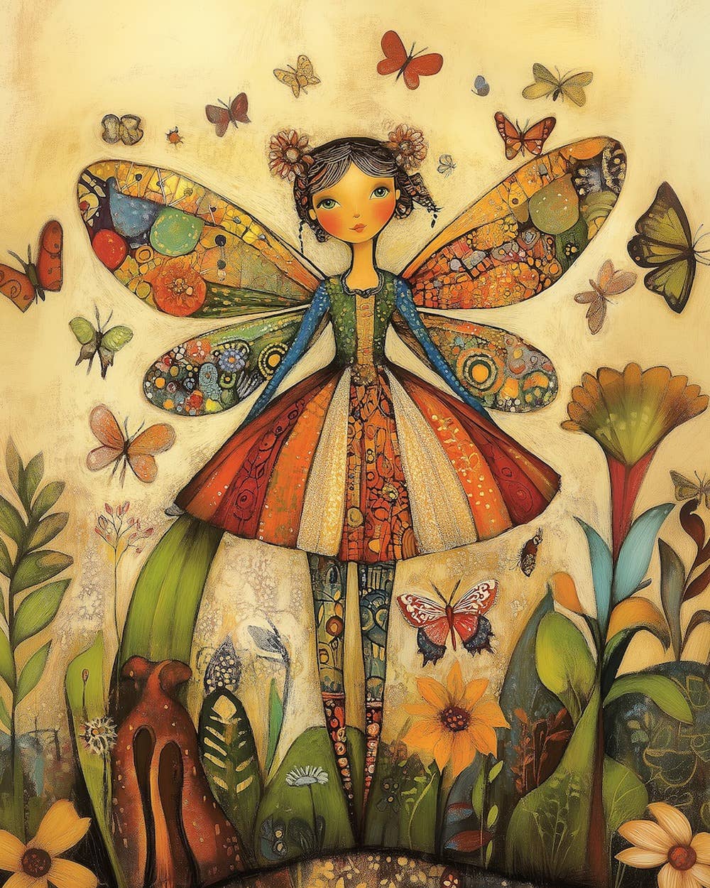 Mowbi - Folk Art Butterfly Fairy -  Folk Art Prints – 8″x10″ Artwork in 11″x14″ Mat