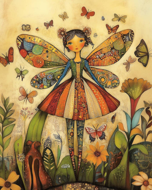 Mowbi - Folk Art Butterfly Fairy -  Folk Art Prints – 8″x10″ Artwork in 11″x14″ Mat