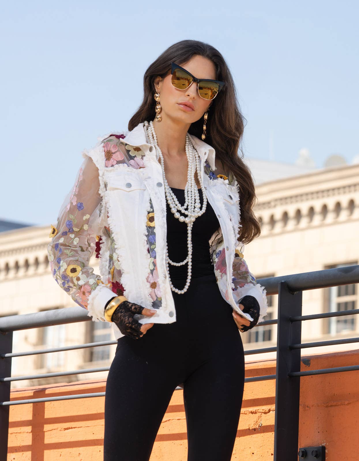Adore - 2406W - White Denim Jacket with Floral Embroidery: M