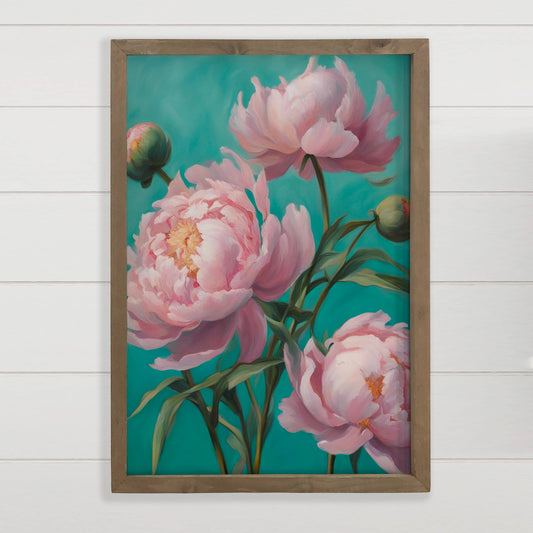Hangout Home - Pink Teal Peonies - Bright Flower Canvas Art - Wood Framed: 24x36" Extra Large Canvas Art with Thick Wood Frame