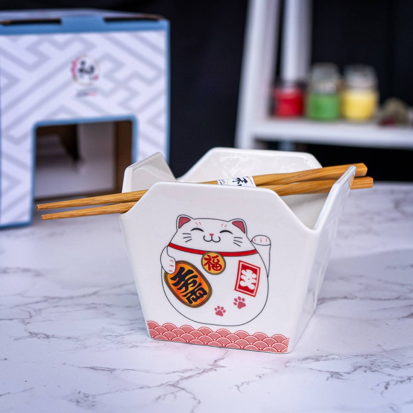 Urban Tokyo - 16oz 5"W x 4"H Takeout Box Serving Bowl With Chopsticks Lucky Cat (1/24)