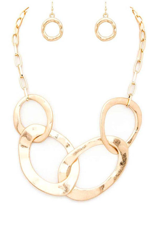 Artini Accessories - Hammered Ring Interlock Statement Necklace Set: Gold