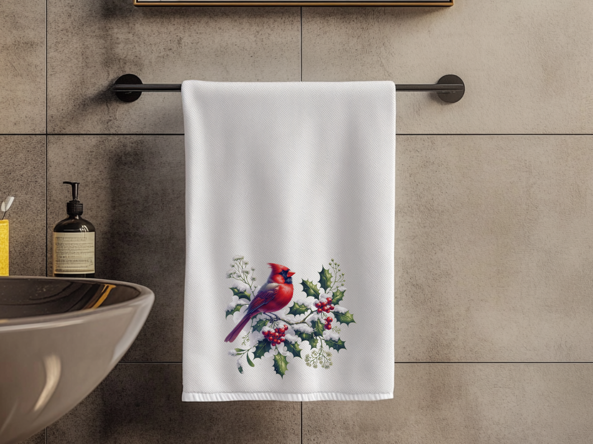 Fernville Creations - Cardinal Hand Towel, Winter Bath Accent, Powder Room Towel