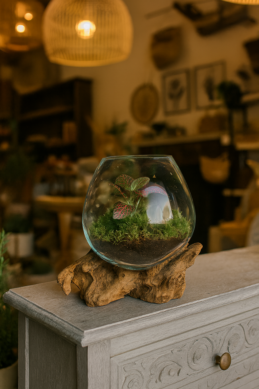 Asia West - Mini Glass Terrarium on Wood (approx. 6" x 5" x 5")