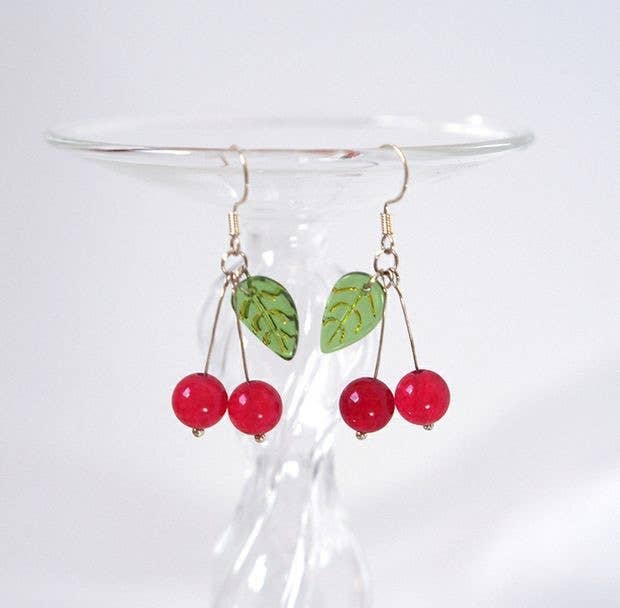 Haengseongworkshop - S925 Cherry Fruit Dangle 8mm Red Jade 15mm Leaves Earrings