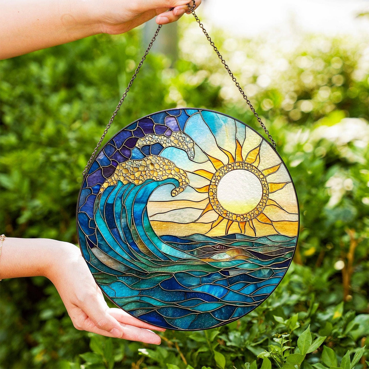 NVC Ecommerce LLC - Sunrise On The Beach Stained Glass Suncatcher, Beach Window : 11.8in