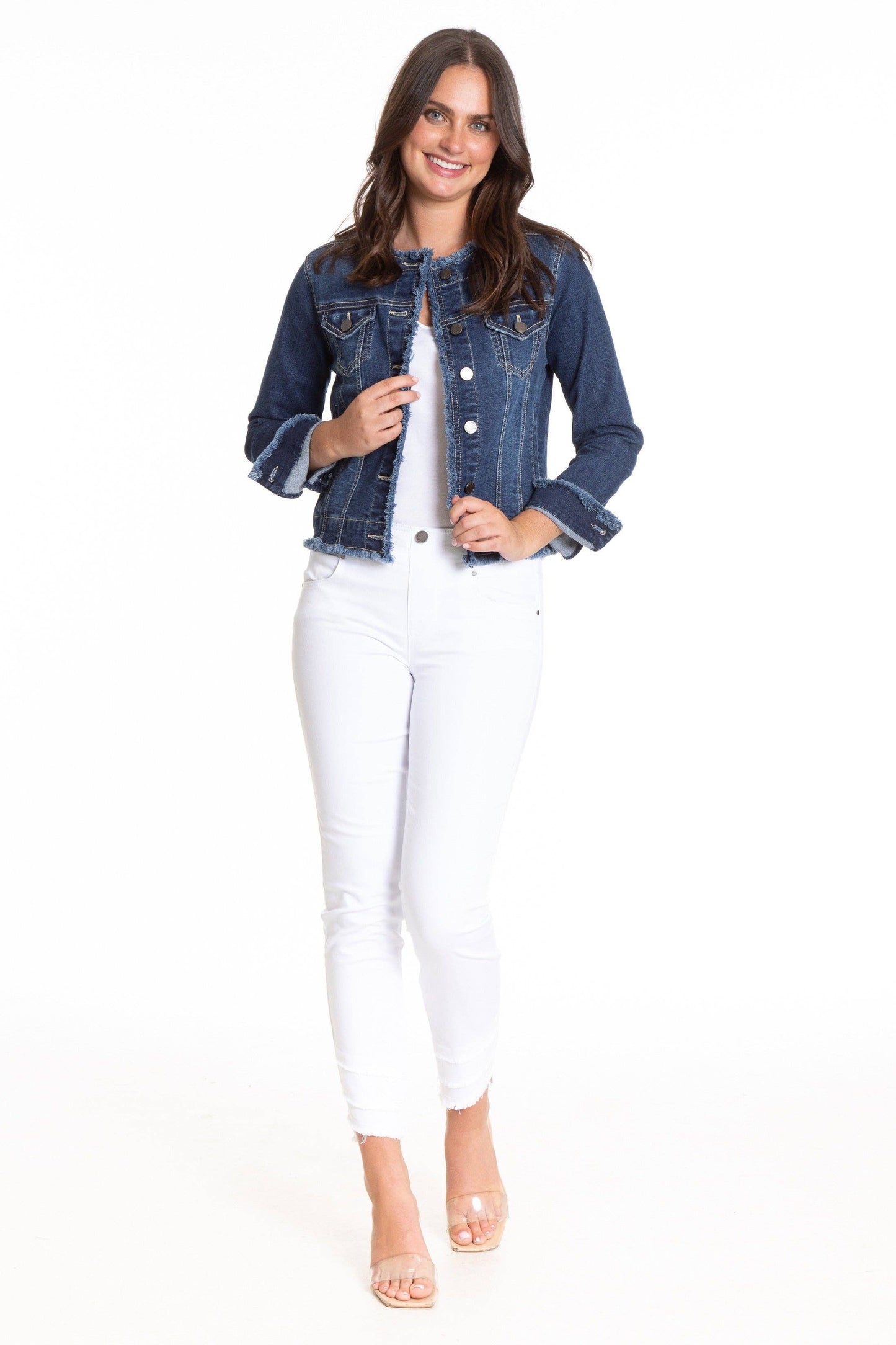 APNY - Collarless Jean Jacket With Frayed Detail: INDIGO / L