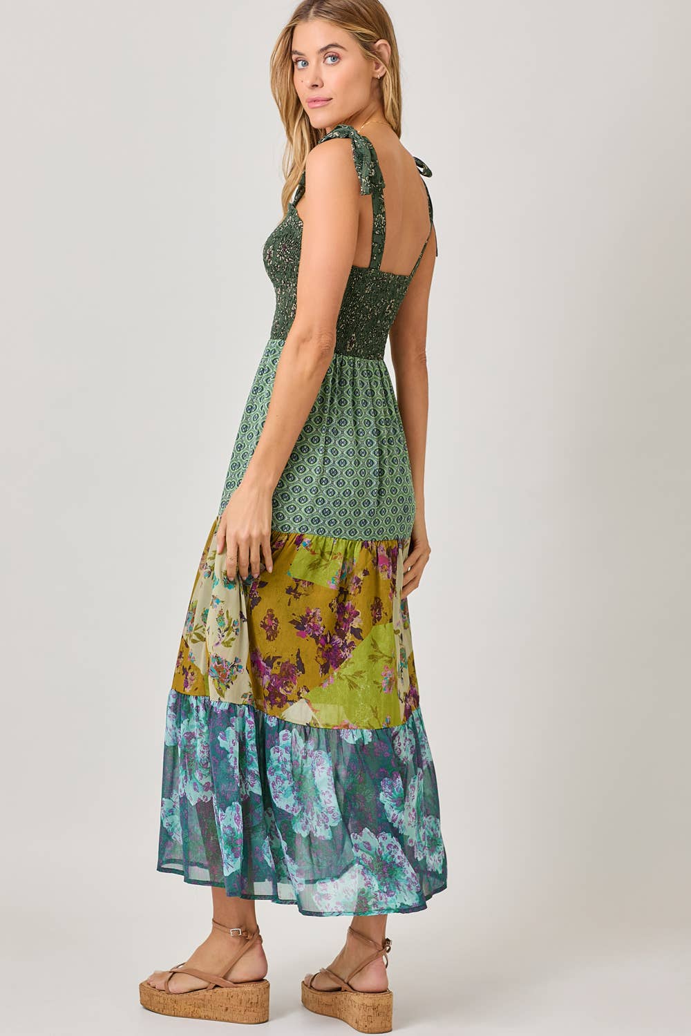 Mystree - 61078 Strap Tied Smocked Top Tiered Long Dress : Emerald Mix / Medium