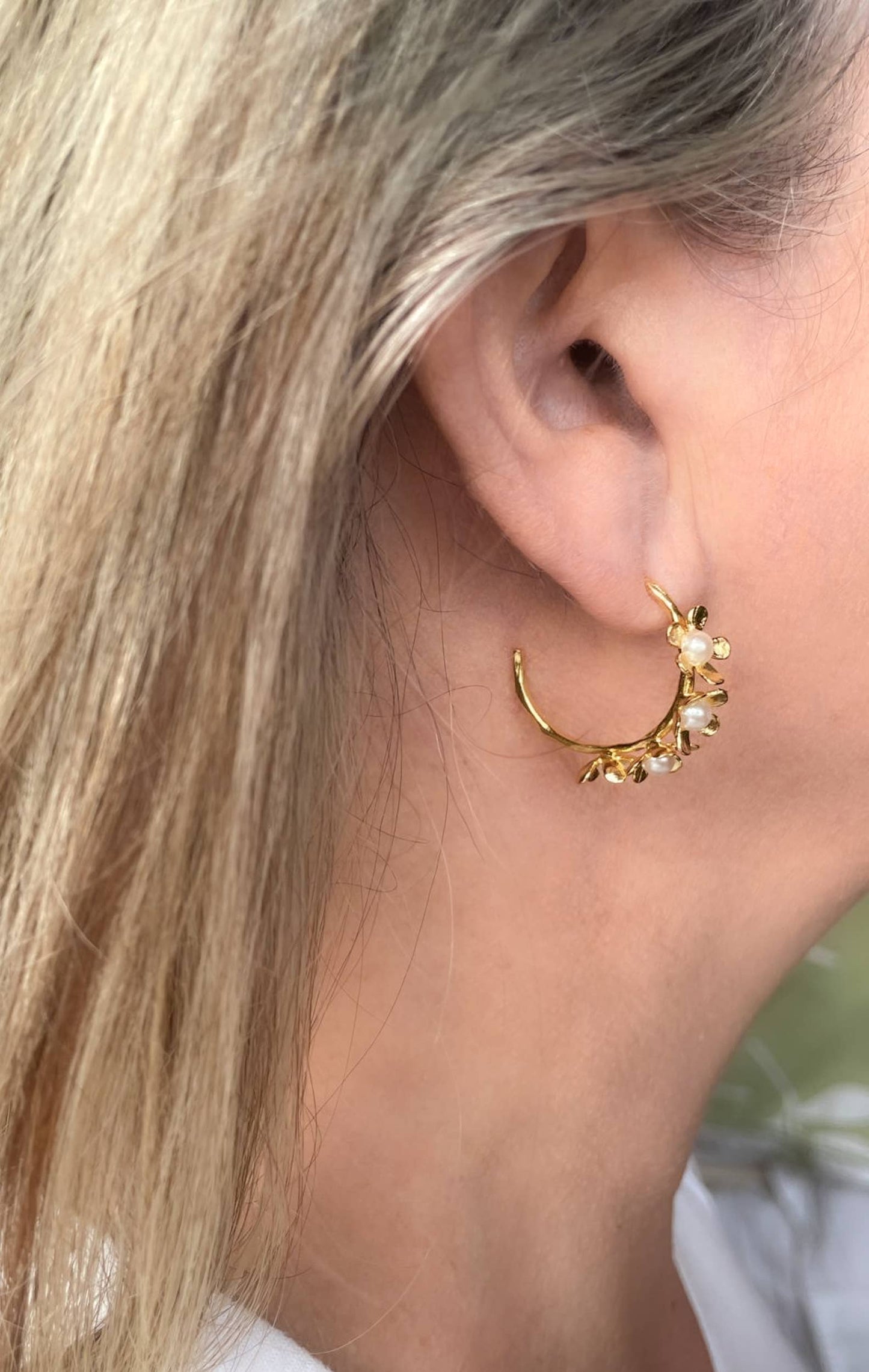 AJS Design Studio - Gold floral hoops with freshwater pearls