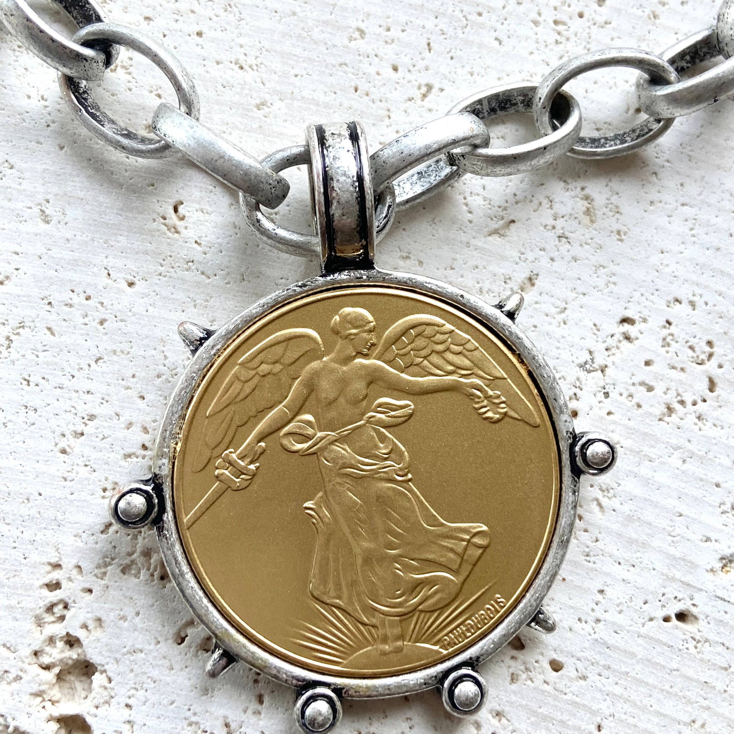 VB&CO Designs Handmade Jewelry - Medallion French Angel coin necklace boutique  jewelry: Matte gold