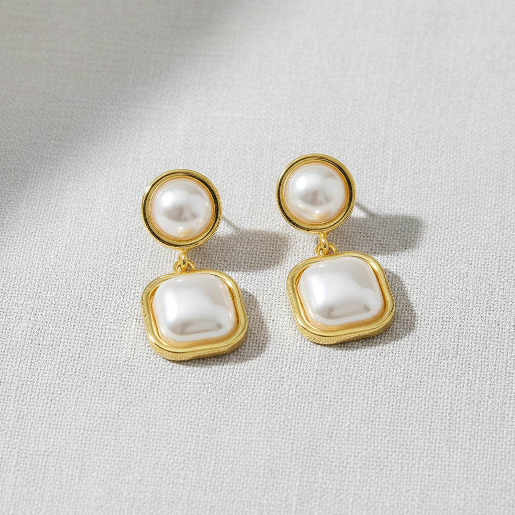 Ellemadera - Vintage Geometric Frame Pearl Stud Earrings