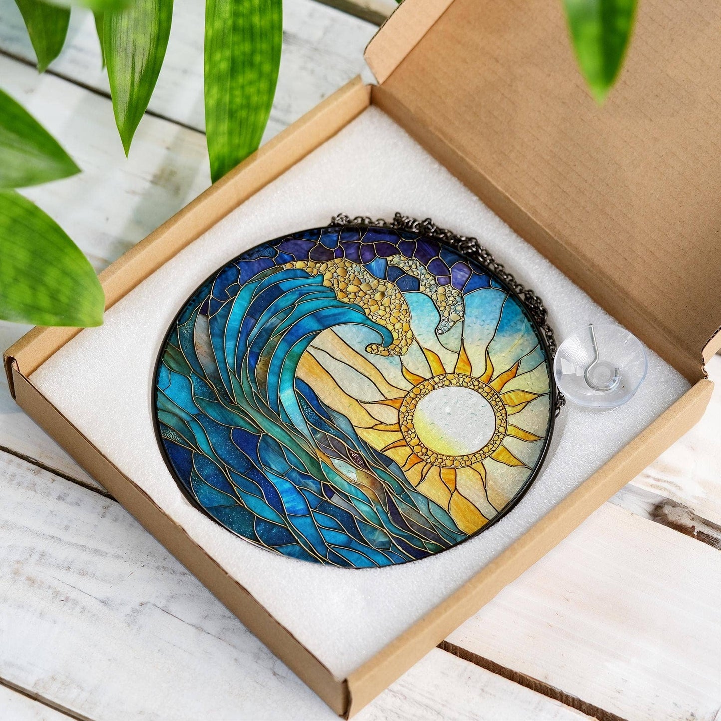 NVC Ecommerce LLC - Sunrise On The Beach Stained Glass Suncatcher, Beach Window : 11.8in