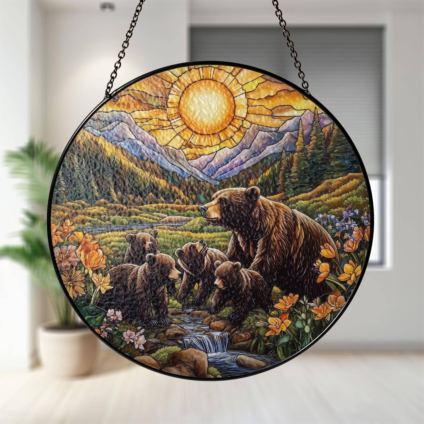 NVC Ecommerce LLC - Bear Family Stained Glass Suncatcher, Mountain Home Wall Art: 11.8in