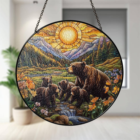 NVC Ecommerce LLC - Bear Family Stained Glass Suncatcher, Mountain Home Wall Art: 11.8in