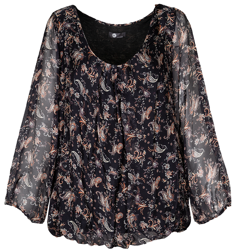 M Made In Italy - Long Sleeve Top With Floral Print Plus Size: Black Combo / 2X