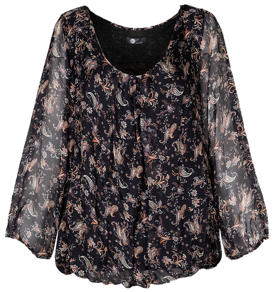 M Made In Italy - Long Sleeve Top With Floral Print Plus Size: Black Combo / 2X