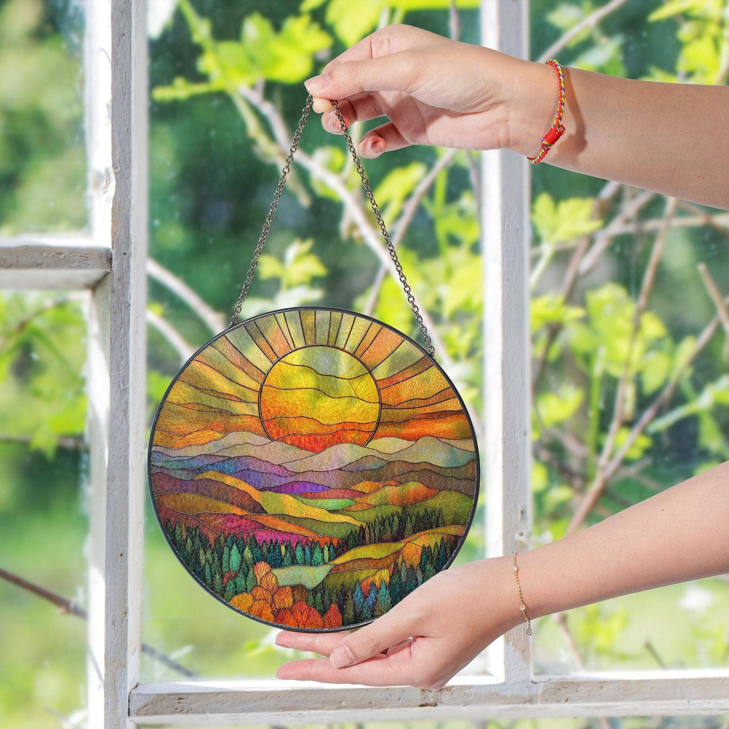 NVC Ecommerce LLC - Mountain Range Stained Glass Suncatcher, Nature Window Art: 11.8in
