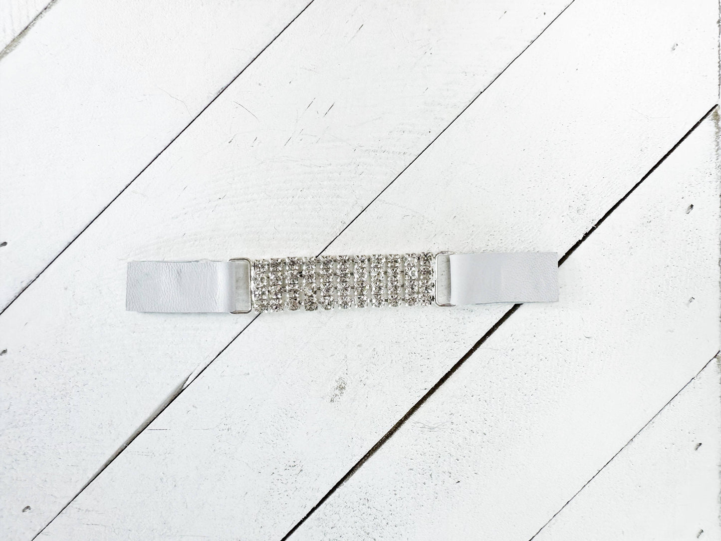 KardiKlips - Rhinestones & White Leather Straight Cinch Clip for Dresses