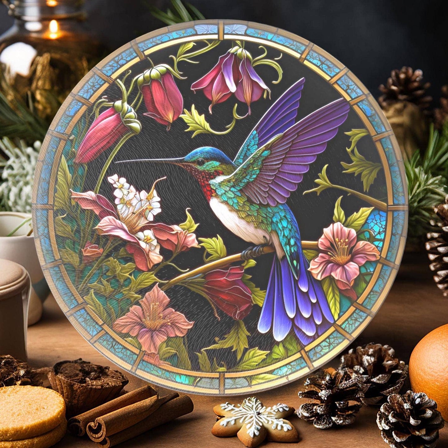 Fernville Creations - Hummingbird Tempered Glass Cutting & Charcuterie Board: 12 Inch