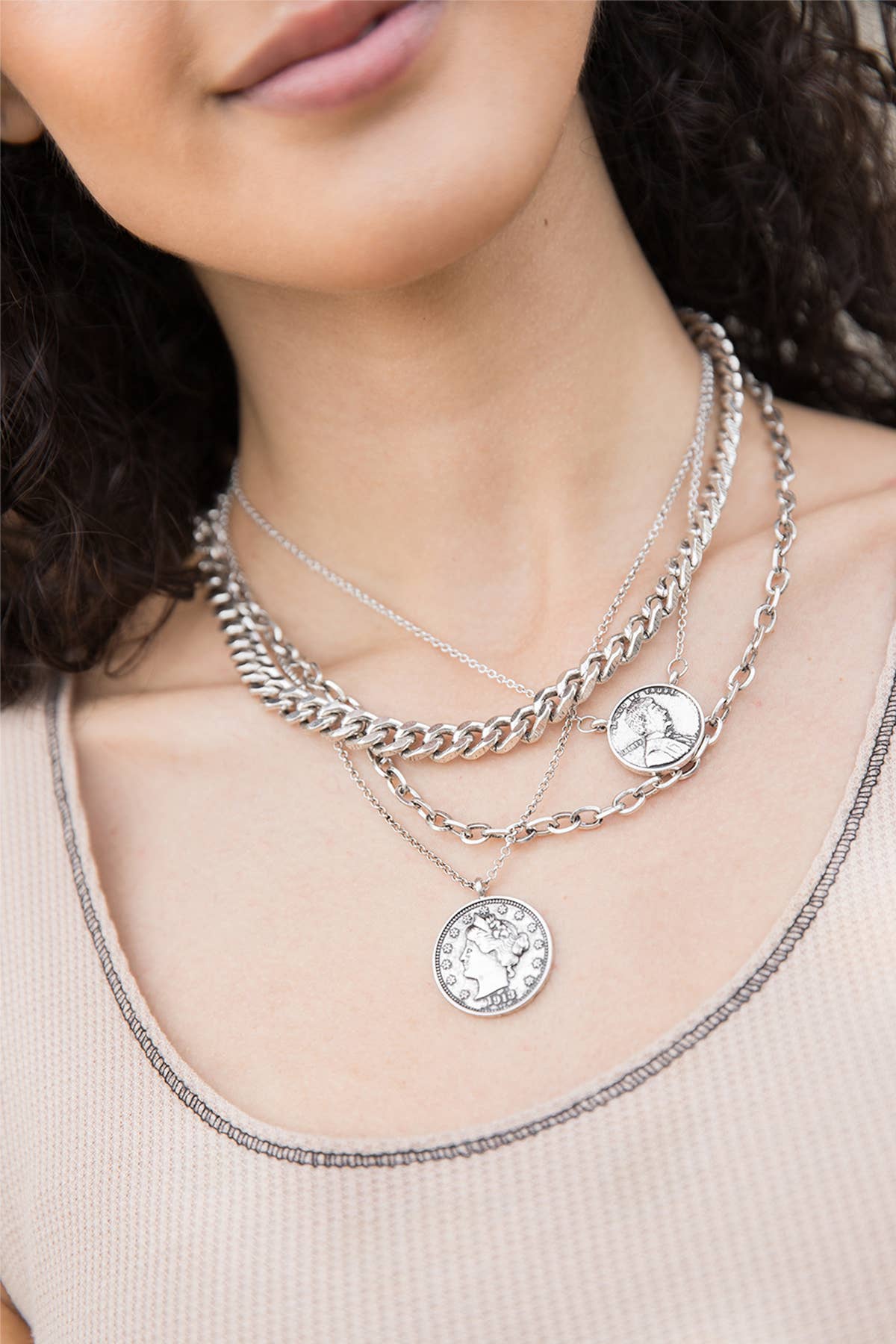 SAACHI - Sikka Coin Layered Chain Necklace: Silver