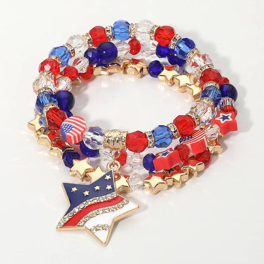 Sensibling Corp. - 3PCS - American USA Star Charm Faceted Beaded Stretch Multi Layered Bracelets